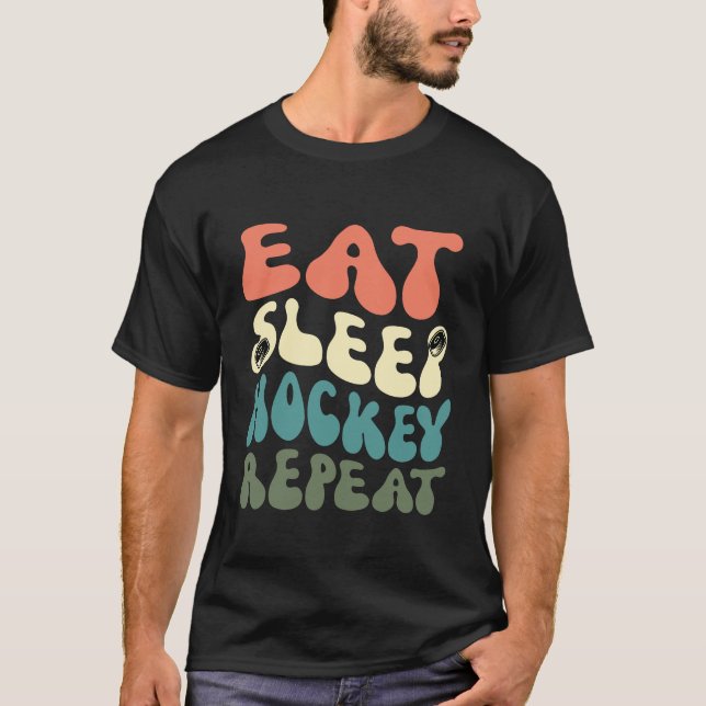 Eat Sleep Hockey Wiederholung lustiges Retro-Vinta T-Shirt (Vorderseite)