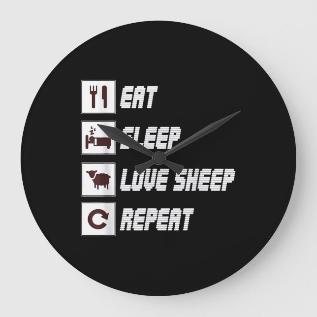 Eat sleep love sheep repeat Funny Quotes Gift Große Wanduhr (Vorderseite)