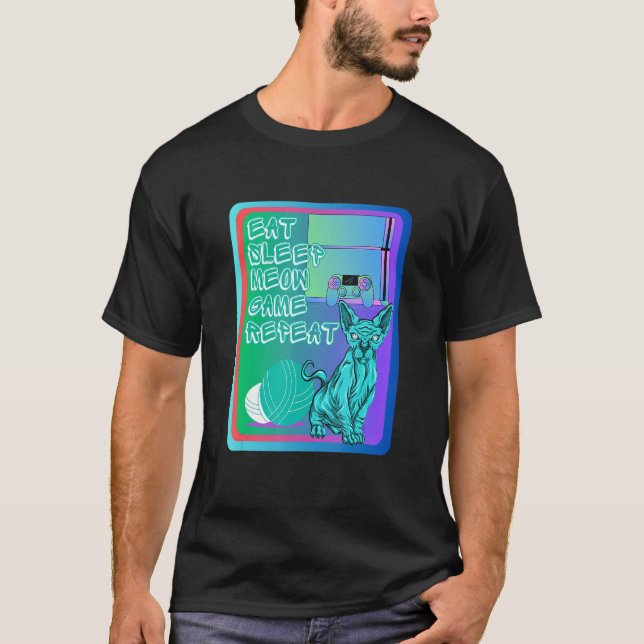 Eat sleep meow game repeat blue sphynx cat and con T-Shirt (Vorderseite)