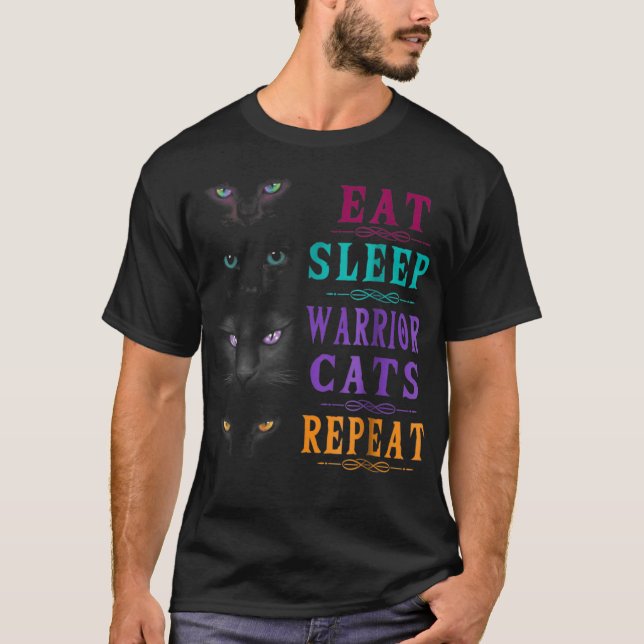 Eat Sleep Warrior Katzen Wiederholung TShirt (Vorderseite)