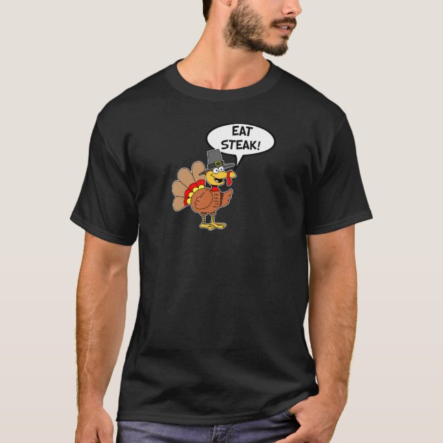 Eat Steak Erntedank Türkei Pilgrim Cartoon T-Shirt (Vorderseite)
