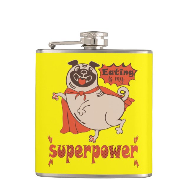 Eating is my superpower red cloak pug comic style  flachmann (Vorderseite)