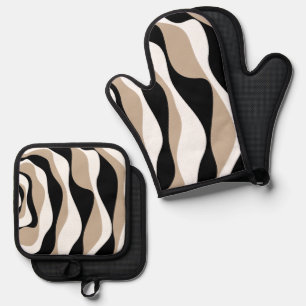 Ebbe und Flut 4 - Taupe, Schwarz und Weiß Ofenhandschuh & Topflappen-Set