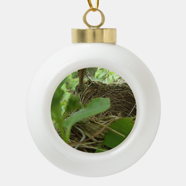 Eben errichtetes aber leeres Vogel-Nest in einem Keramik Kugel-Ornament (Vorderseite)