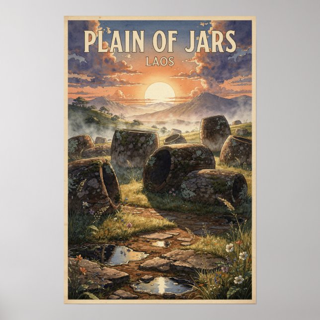 Ebene der Krüge Laos Vintage Reise Poster (Vorne)