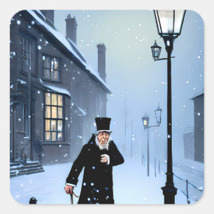 Ebenezer Scrooge Snowy Viktorianisch Street Quadratischer Aufkleber