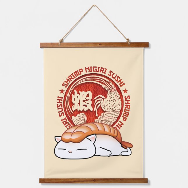 Ebi Shrimp Sushi Cat Wandteppich Mit Holzrahmen (Vorderseite)