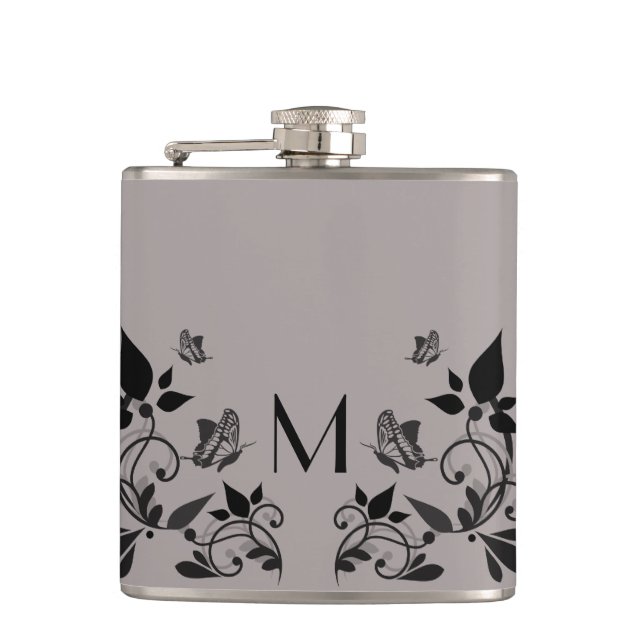 Ebony Butterfly Floral Monogram Flask Flachmann (Vorderseite)
