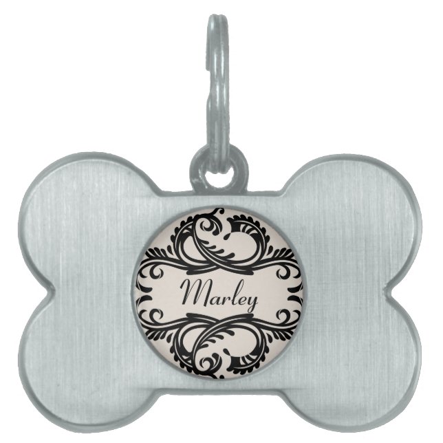 Ebony Chic Damask Pet Tag Tiermarke (Vorderseite)