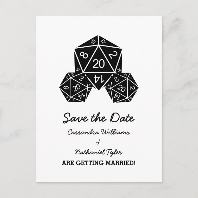 Ebony D20 Dice Save the Date Postkarte (Vorderseite)