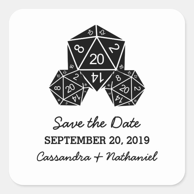 Ebony D20 Dice Save the Date Stickers (Vorderseite)