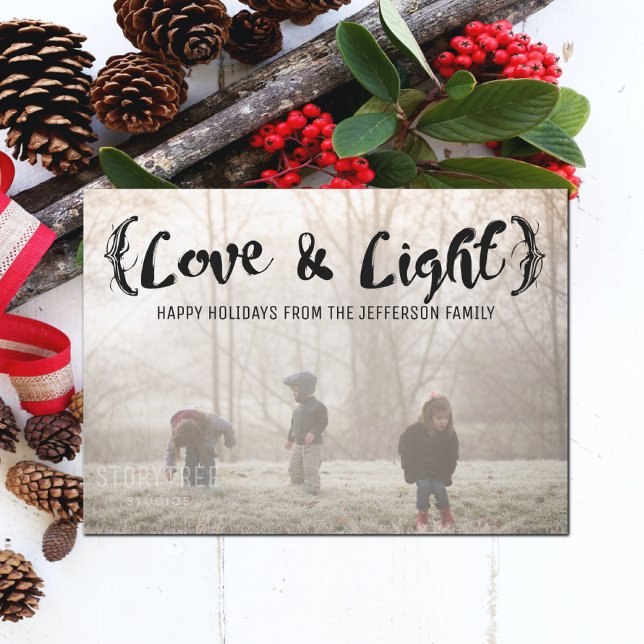 Ebony Elegante Liebe & Foto Feiertagskarte (Ebony Elegant Sketched Love and Light Holiday Photo Card)