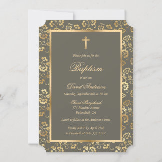 Ebony Gold Cross Script Blumentaufen Einladung