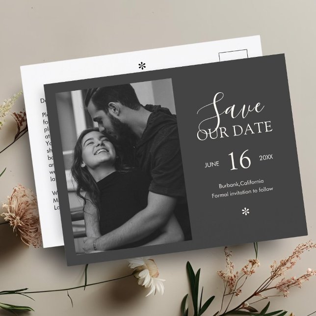 Ebony & Ivory | Chic Minimal Save the Date Foto Postkarte (Von Creator hochgeladen)