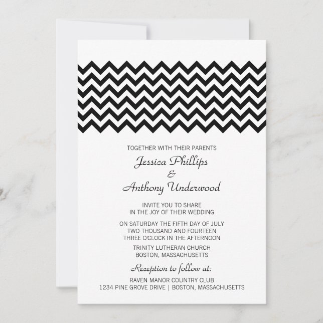 Ebony Simple Zickzack Wedding Einladung (Vorderseite)