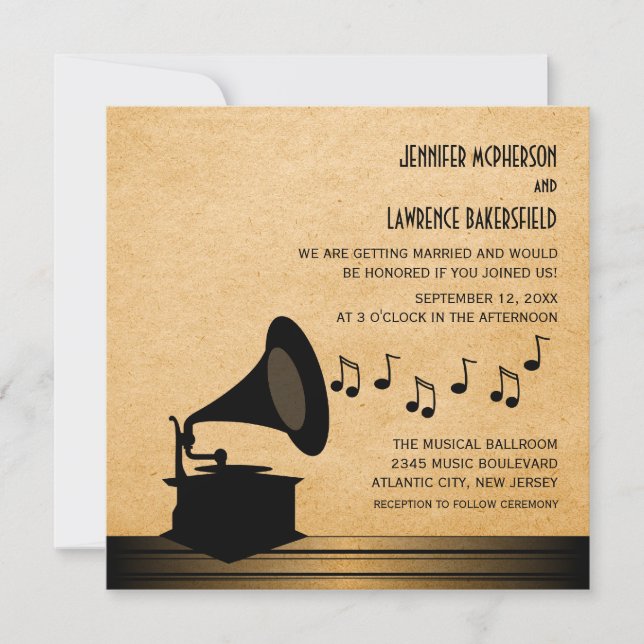 Ebony Vintag Gramophone Wedding Einladung (Vorderseite)