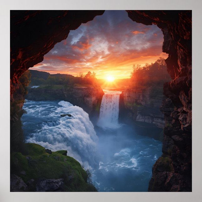 Echoes of the Falls - Sunset Waterfall Gerahmt von Poster (Vorne)