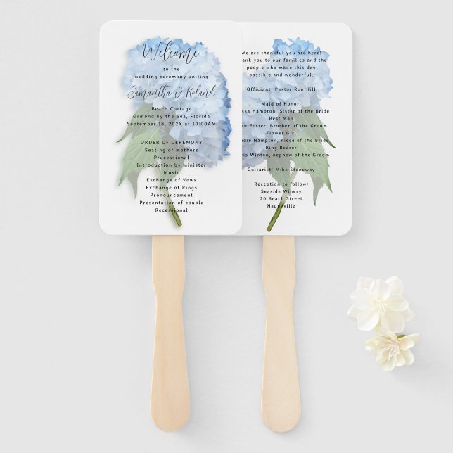 Echte blaue Hortensien-Blumen Hochzeitsprogramm Fächer (Vorne und Hinten)