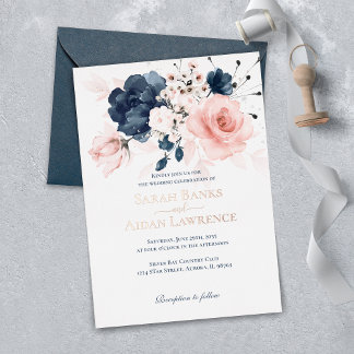 Echte Folie Navy Blau und Blush Pink florale Hochz Folieneinladung