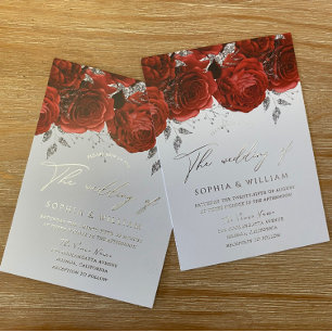 Echte Folie Romantische Rote Rose Hochzeit Silber Folieneinladung