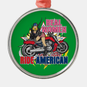 Echte Frauen fahren amerikanische Motorräder Ornam Silbernes Ornament