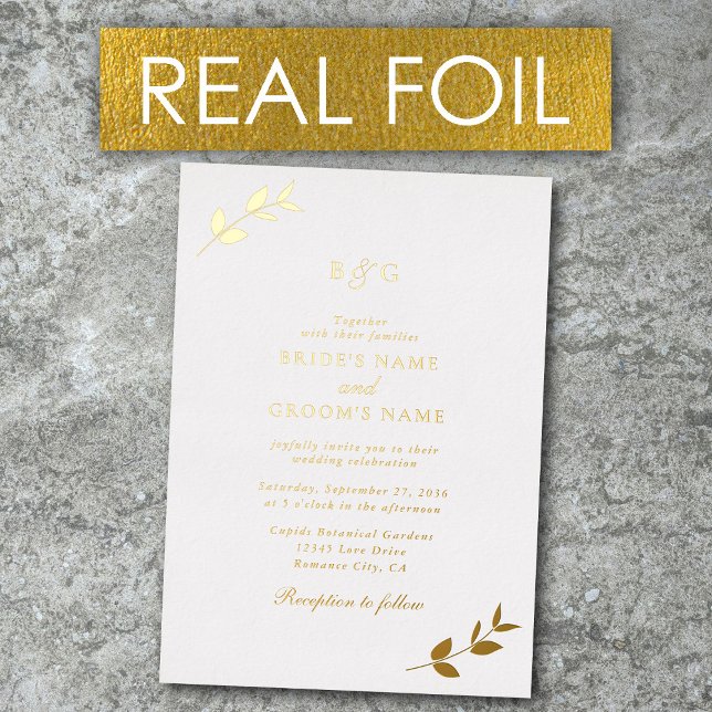 Echte Gold Foil Blätter Elegante Monogram Wedding Folieneinladung (Real Gold Foil Leaves Elegant Monogram Wedding Foil Invitation)