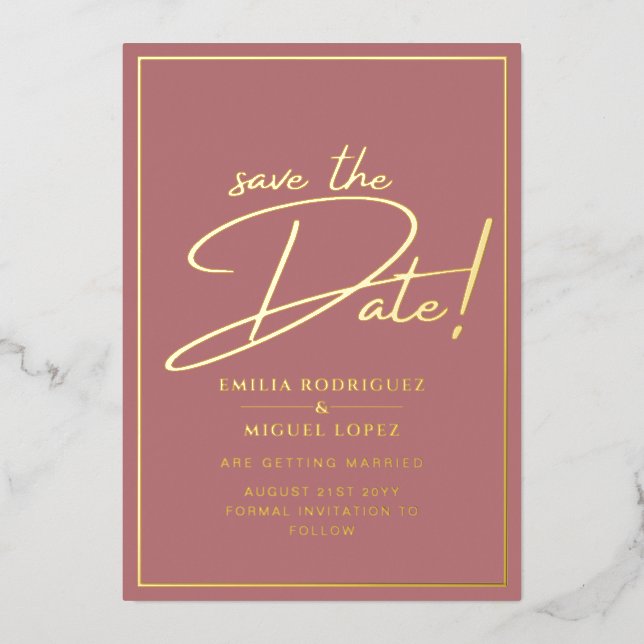 Echte GOLD Foil Dusty Rose Save the Date Hochzeit Folieneinladung (Vorderseite)