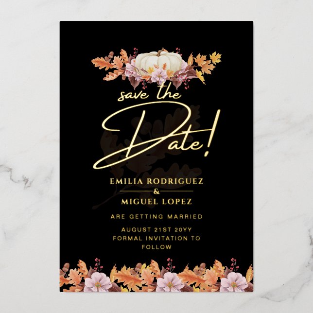 Echte GOLD FOIL Fall Pumpkin Rett Date Wedding Folieneinladung (Vorderseite)