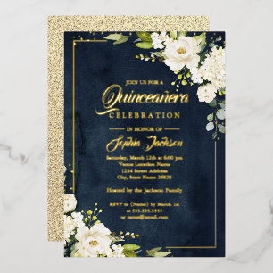 ECHTE GOLD-FOLIE Floral Navy Gold Quinceanera Folieneinladung