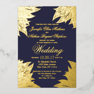 Echte Goldblätter Navy Blau Hochzeit Folieneinladung