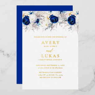 Echte Goldene Moderne Königlich Blaue Blumen Hochz Folieneinladung