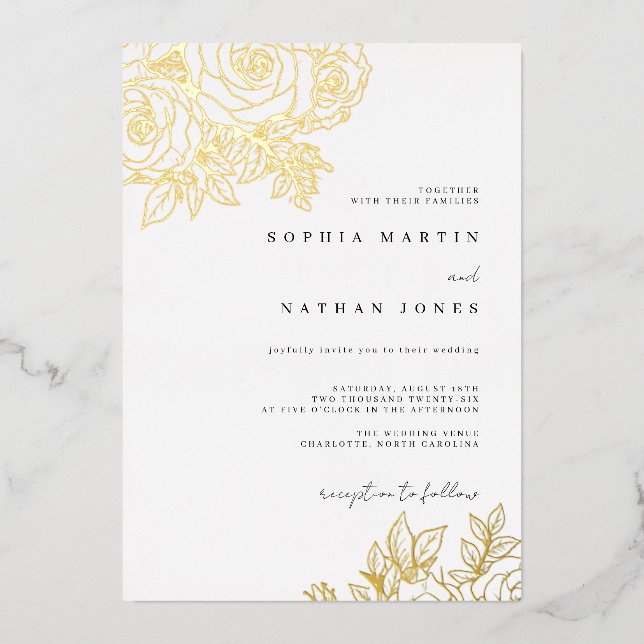 Echte Goldfoil-Hochzeit für die Rose Folieneinladung (Vorderseite)