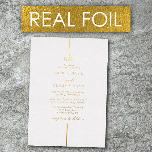 Echte Goldfoil-Minimalistische Mongram-Hochzeit Folieneinladung (Real Gold Foil Minimalist Elegant Monogram Wedding Foil Invitation)