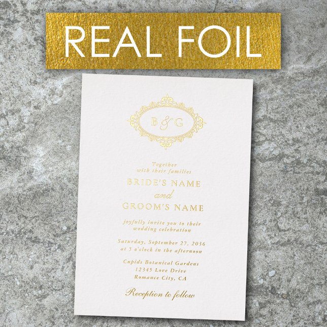 Echte Goldfoil-Wreath-Monogram-Hochzeit Folieneinladung (Real Gold Foil Wreath Elegant Monogram Wedding Foil Invitation)