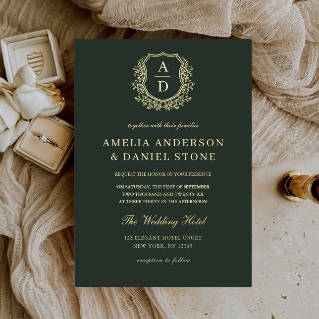 Echte Goldfolie-Wappen Monogram-Hochzeit Folieneinladung (Von Creator hochgeladen)