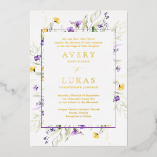 Echte Goldmedaille Lila Blütenelegante Monogram-Ho Folieneinladung