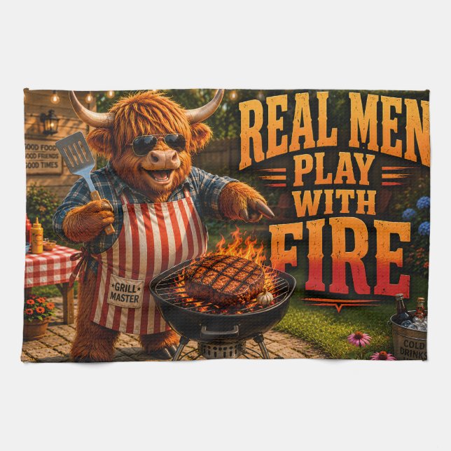 Echte Männer spielen mit Feuer Geschirrtuch (Horizontal)