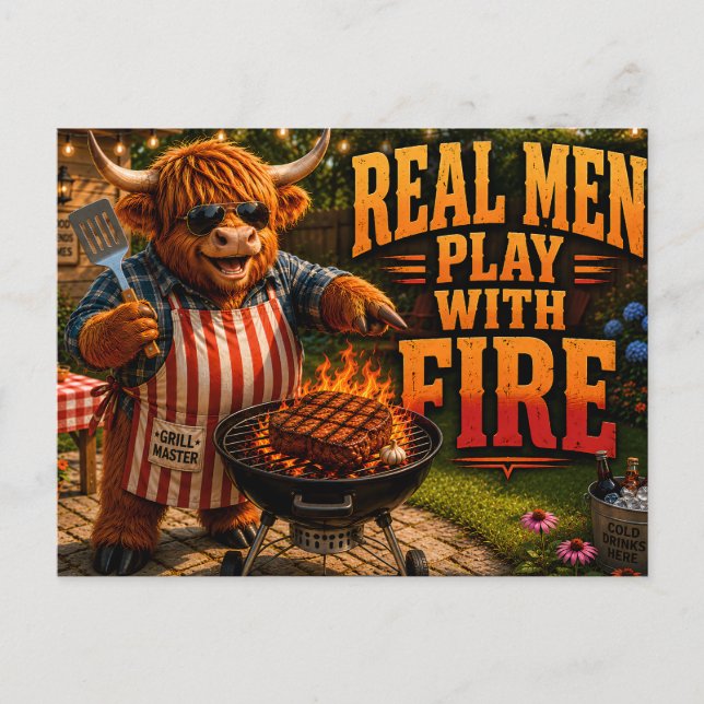 Echte Männer spielen mit Feuer Postkarte (Vorderseite)