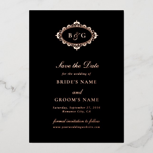 Echte Rose Gold Foil Black Wedding Save the Date Folieneinladung (Vorderseite)
