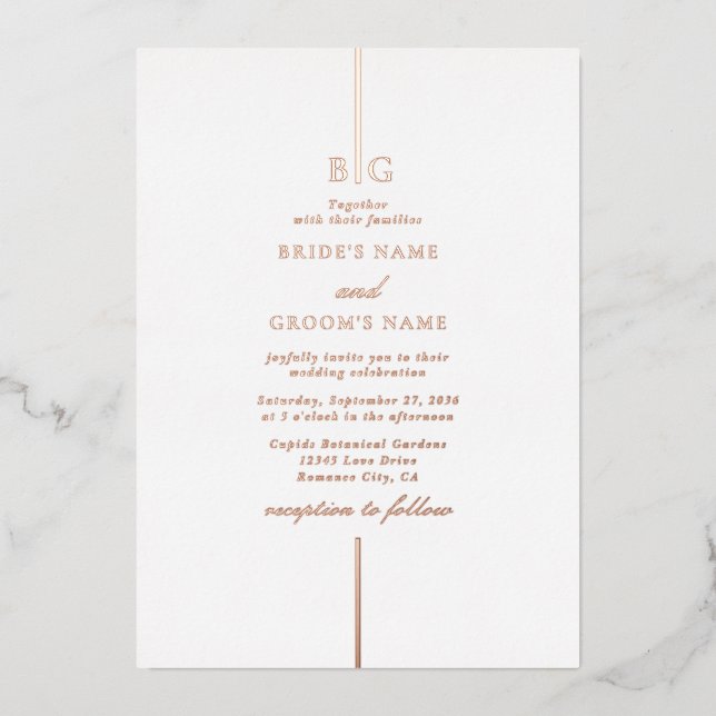 Echte Rose Gold Foil Minimal Mongram Wedding Folieneinladung (Vorderseite)