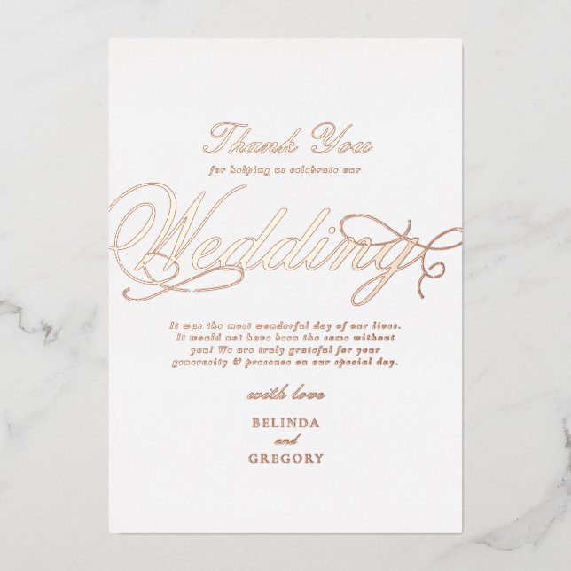 Echte Rose Gold Foil White Wedding Vielen Dank Folieneinladung (Vorderseite)
