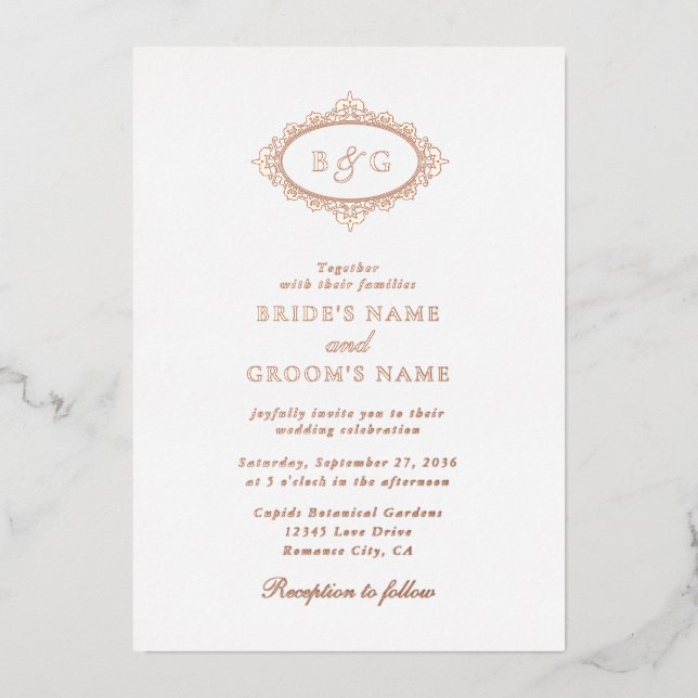 Echte Rose Gold Foil Wreath Monogram Wedding Folieneinladung (Vorderseite)