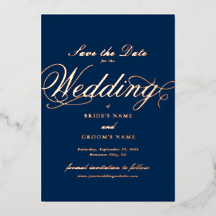 Echte Roségoldfolie Hochzeit Blau Save the Date Folieneinladung