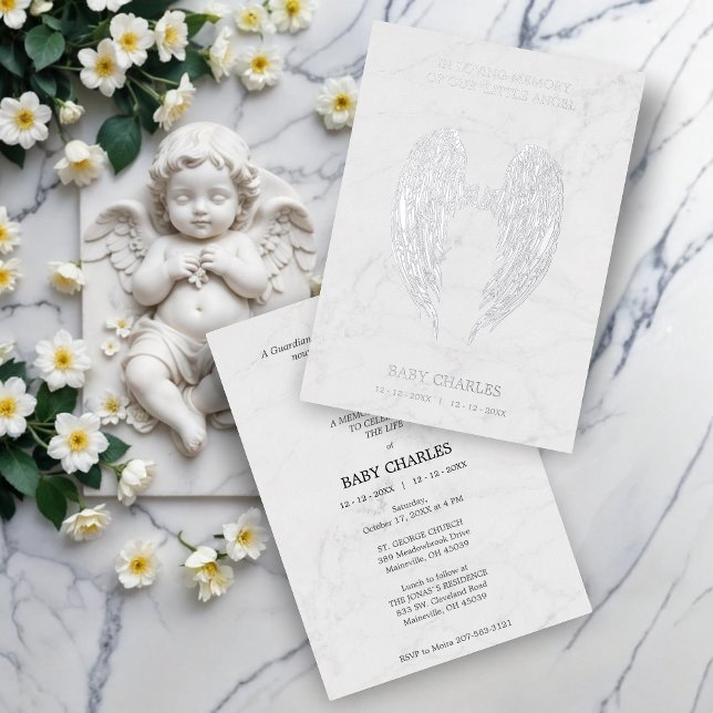 Echte Silver Angel Flügel auf Marmoruntergrund Met Folieneinladung (Real Silver Angel Wings on Marble Background Funeral Metallic Foil Invitations Cards.)