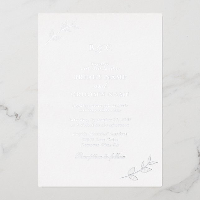 Echte Silver Foil Blätter Elegante Monogram Weddin Folieneinladung (Vorderseite)