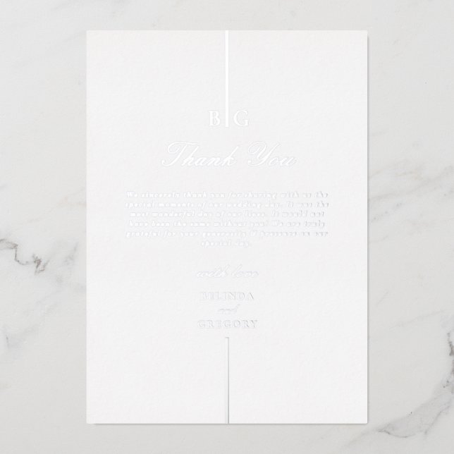 Echte Silver Foil Monogram Wedding Vielen Dank Folieneinladung (Vorderseite)