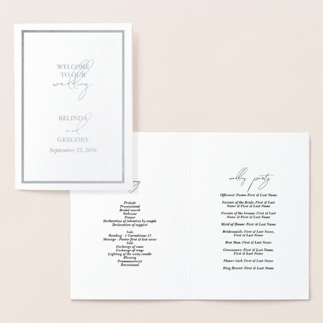 Echte Silver Foil Wedding Order of Service Program Folienkarte (Anzeige)