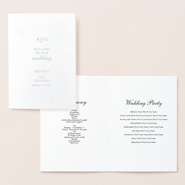 Echte Silver Foil Wedding Order of Service Program Folienkarte (Anzeige)