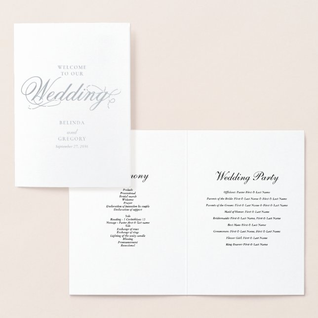 Echte Silver Foil Wedding Order of Service Program Folienkarte (Anzeige)