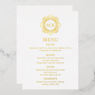Echtes Folien-Gold-Blumen-Monogramm-Hochzeitsmenü Folieneinladung